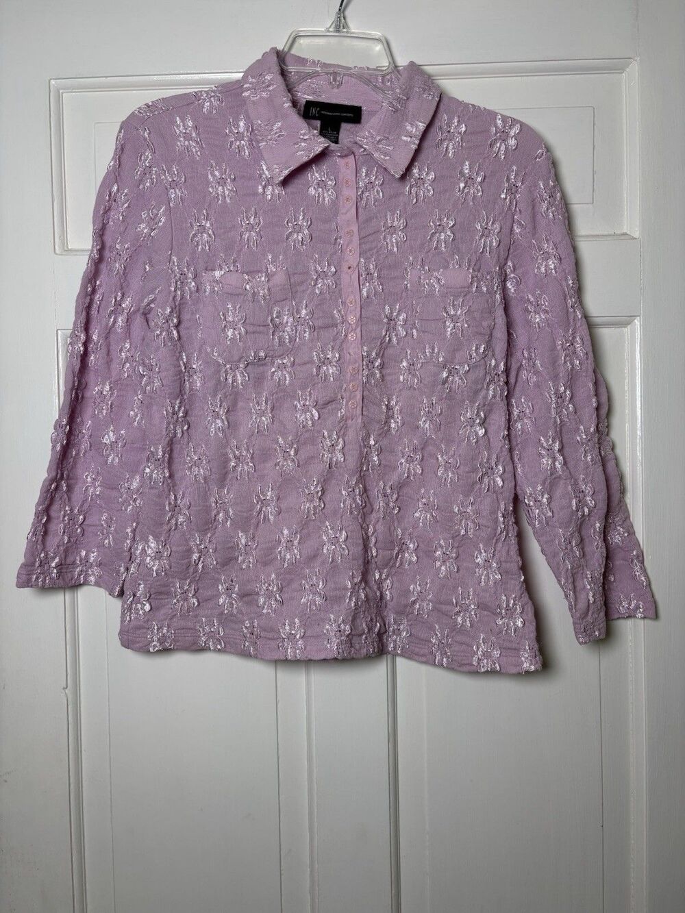INC International Concepts Solid Pink Textured Flowers Button Long Slv Blouse L
